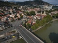 Gorgasali Square and the Metekhi Bridge over the Kupa River. Aerial photography. Georgia. Tbilisi. 03.09.2023 Royalty Free Stock Photo