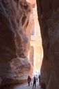 Gorge canyon Siq and the treasury Al-Khazneh in ancient city of Petra, Jordan Royalty Free Stock Photo