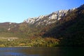 The Gorge of the Danube river seen from the Romanian bank. The Serbian bank the right bank of the river in background.