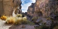 A gorge with the entrance to the Sumbay Cave, which is famous for the rupestrian art from the Paleolithic period, Southern Peru Royalty Free Stock Photo