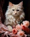Beautiful Long Haired Cat with Peach and Pink Roses. Cat Portrait. Generative AI. Royalty Free Stock Photo