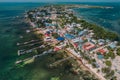 Gorgeous aerial view of the Split in Caye Caulker, Belize with turquoise water on a sunny summer day