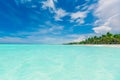 Gorgeous amazing view of deep blue sky and tranquil turquoise ocean merging together on horizon line with tropical beach