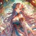 A gorgeous anime gitl of earth goddess, in flowy robes, with forest environment, flower, vines, digital anime art, cartoon, games