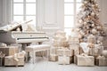 Gorgeous backdrop with a golden piano and festive trees