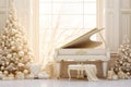 Gorgeous backdrop with a golden piano and festive trees