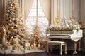 Gorgeous backdrop with a golden piano and festive trees