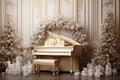 Gorgeous backdrop with a golden piano and festive trees