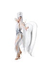 Beautiful young woman in carnival, stylish masquerade costume with feathers dancing on white studio background. Concept Royalty Free Stock Photo