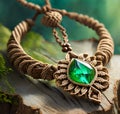 beige macrame necklace with a green crystal on wooden tree trunk