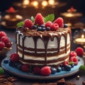 Gorgeous birthday cake with fresh berries and chocolate