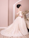 Gorgeous bride with dark hair in luxuious wedding dress