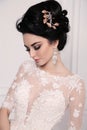 Gorgeous bride with dark hair in luxuious wedding dress Royalty Free Stock Photo