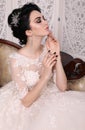 Gorgeous bride with dark hair in luxuious wedding dress Royalty Free Stock Photo