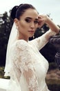 Gorgeous bride with dark hair wears elegant wedding dress Royalty Free Stock Photo