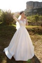 Gorgeous bride with dark hair wears elegant wedding dress Royalty Free Stock Photo