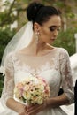 Gorgeous bride with dark hair wears elegant wedding dress Royalty Free Stock Photo