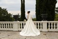 Gorgeous bride with dark hair wears elegant wedding dress Royalty Free Stock Photo
