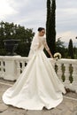 Gorgeous bride with dark hair wears elegant wedding dress Royalty Free Stock Photo