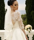 Gorgeous bride with dark hair wears elegant wedding dress Royalty Free Stock Photo