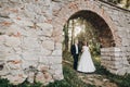 Gorgeous bride and groom embracing in evening sunlight near old castle in park. Romantic moment. Stylish wedding couple gently Royalty Free Stock Photo