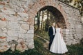 Gorgeous bride and groom embracing in evening sunlight near old castle in park. Romantic moment. Stylish wedding couple gently Royalty Free Stock Photo