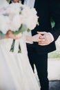 Gorgeous bride and groom gently holding hands in evening park. Stylish wedding couple embracing, holding hands during walk in Royalty Free Stock Photo