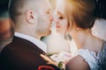 Gorgeous bride and groom gently kissing in sunset light. Portraits of beautiful tender wedding couple embracing in warm sunshine Royalty Free Stock Photo
