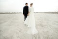 Gorgeous bride and groom walking holding hands and looking ar each other at sandy beach lake, true emotions Royalty Free Stock Photo