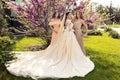 Gorgeous bride in luxurious wedding dress, posing with beautiful bridesmaids in elegant dresses