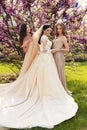 Gorgeous bride in luxurious wedding dress, posing with beautiful bridesmaids in elegant dresses