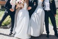 gorgeous bride with peony bouquet and stylish groom posing in sunny garden with bridesmaids and groomsmen on wedding day. luxury