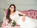 Gorgeous bride portrait. Beautiful bride with wedding makeup, dress Royalty Free Stock Photo