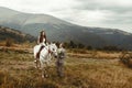 Gorgeous bride riding a white horse and stylish groom, boho wed Royalty Free Stock Photo
