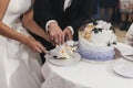 Gorgeous bride and stylish groom cutting their stylish wedding cake with flower decoration at wedding reception in restaurant. Royalty Free Stock Photo