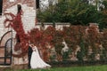 Gorgeous bride and stylish groom gently hugging and smiling at Royalty Free Stock Photo