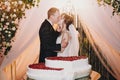 Gorgeous bride and stylish groom kissing at delicious wedding cake in two hearts shape with fresh strawberries at wedding Royalty Free Stock Photo