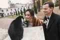 Gorgeous bride and stylish groom  playing with cute black and white cat in european city street in autumn. happy wedding couple Royalty Free Stock Photo