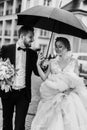 Gorgeous bride and stylish groom walking under umbrella in rainy Royalty Free Stock Photo