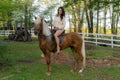 A Lovely Brunette Model Poses With Her Horse Outdoors While Enjoying The Spring Weather