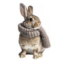 gorgeous bunny in fashionable scarf and hat posing on white background