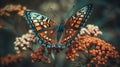 A gorgeous butterfly with intricate patterns and colors flitting among flowers created with Generative AI