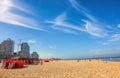 Gorgeous calm blue sea and Tel Aviv free sand beaches. People enjoy autumn mild season. They sunbathe and swim