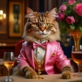 Gorgeous cat in a beautiful interior with a glass of wine. Romance and congratulations