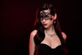 Gorgeous celebrity lady halloween party costume character wear face mask hide her appearance personality dark bride