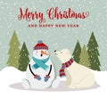 Gorgeous Christmas card with snowman and polar bear Royalty Free Stock Photo