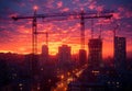 Gorgeous city skyline silhouette at sunset with skyscrapers and construction cranes set against a vibrant, colorful sky Royalty Free Stock Photo
