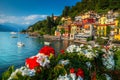 Gorgeous cityscape and harbor with boats, Varenna, lake Como, Italy Royalty Free Stock Photo