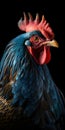 gorgeous colorful rooster close portrait on black background, neural network generated photorealistic image
