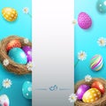 Gorgeous composition with Easter eggs in the nest, white frame